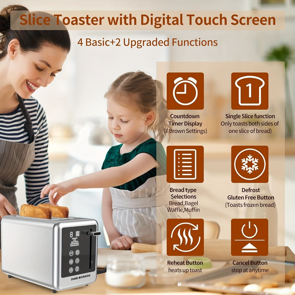 Stainless Steel Toaster 2-Slice Smart Touch Screen – 5 Bread Selections, 7 Shade Settings, Bagel/Defrost/Cancel/Reheat, 1.5" Wide Slot, Removable Crumb Tray
