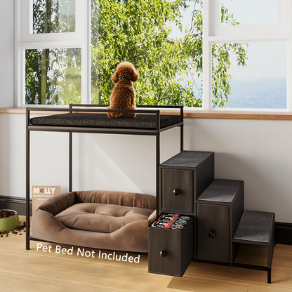 Cat Window Perch with Stairs & 3 Storage Drawers – Large Multi-Level Pet Bunk Bed Platform for Cats and Dogs, Foam Upholstered