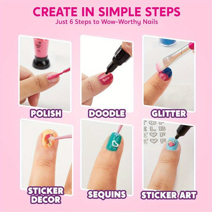 Kids Nail Art Kit for Girls – Non-Toxic Nail Polish Set with Glitter Stickers & Sequins 220+ Designs – Complete Children Nail Studio Creative Gift for Ages 7+ Birthday Christmas Sleepover Spa Party