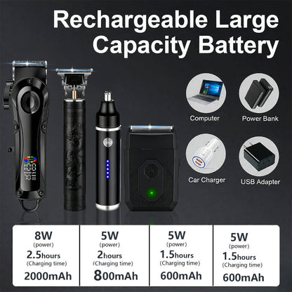 Electric Hair Clipper Set with LCD Screen - USB Rechargeable Hair Trimmer Kit with T-Blade, Guide Combs, Nose Hair Trimmer, Professional Grooming Kit for Men & Women, Home & Barber Shop Use