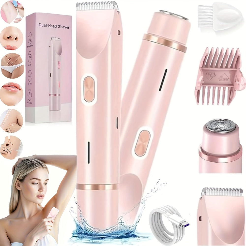 Electric Hair Removal Shaver Women 2-in-1 Dual Head USB Rechargeable - Stainless Steel Blades Cordless Epilator for Face Legs Bikini Line Underarms Intimate Areas - Pink Purple Blue