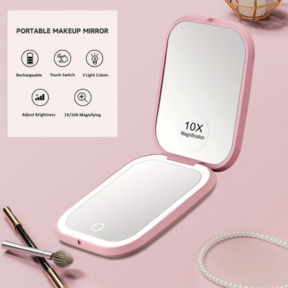 Compact Makeup Mirror with Light 10X Magnification, Rechargeable LED Pocket Mirror 3 Color Modes Adjustable Brightness 2-Sided Folding Purse Mirror for Women Travel Daily Use, Beauty Gift for Mom