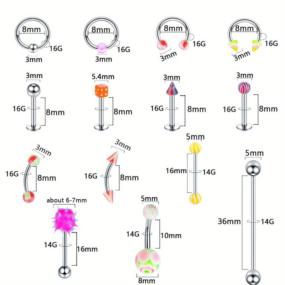 Body Piercing Jewelry Set 116pcs Stainless Steel – 14G 16G Mix BCR CBR Labret Lip Rings, Cartilage Daith Earrings, Nose Septum & Belly Studs