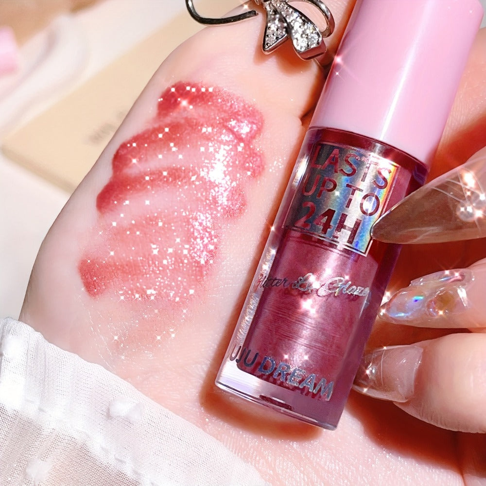 24H Waterproof Glitter Lip Gloss & Lip Stain Set 3PCS – Moisturizing Lip Oil Formula, Long-Lasting Smudge-Proof Glitter Shine in Berry Coral Pink Red Shades for Women All Skin Tones