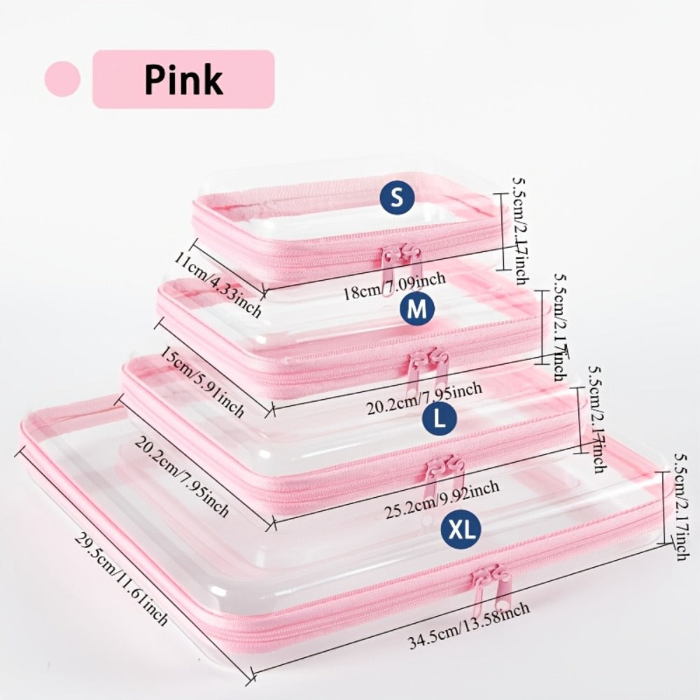 Clear Storage Box Set 4 Pcs Hard Transparent Zipper Organizer Plastic Case S M L XL Makeup Cosmetics Snacks Stationery Kids Toys Multi-Color Purple Blue Pink White