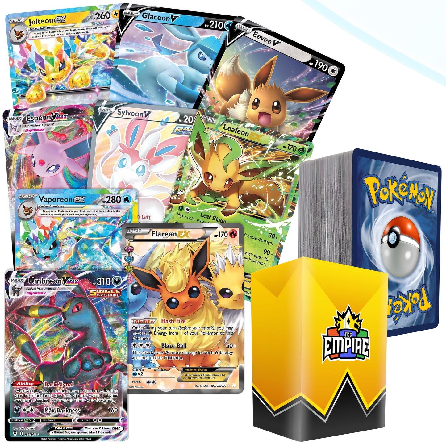 Eeveelution Pokémon Cards Bundle 100+ – 1 Guaranteed Ultra Rare Eeveelution (Vaporeon/Umbreon/Sylveon EX/GX/VMAX) + 10 Holos + TCG Storage Box | Prismatic Evolutions Gift for Collectors & Kids