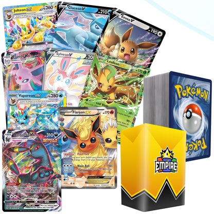Eeveelution Pokémon Cards Bundle 100+ – 1 Guaranteed Ultra Rare Eeveelution (Vaporeon/Umbreon/Sylveon EX/GX/VMAX) + 10 Holos + TCG Storage Box | Prismatic Evolutions Gift for Collectors & Kids