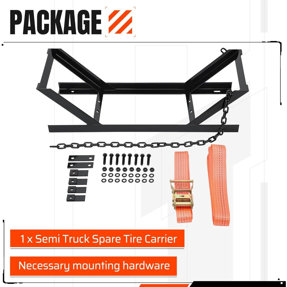 Semi Truck Spare Tire Carrier Rack Adjustable Steel Holder with Anti-Sway Chain & Ratchet Strap for Class 8 Semi-Trailers Kenworth Peterbilt Cascadia