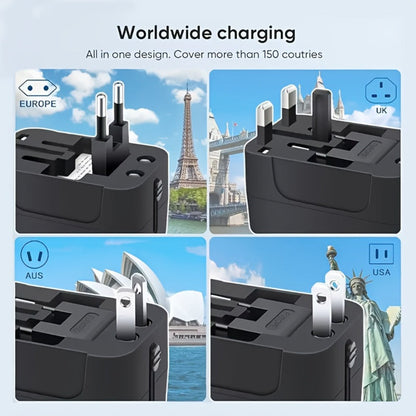 Universal Travel Adapter with Surge Protection - 2 USB & Type-C Ports, All-in-One International Plug for 350+ Countries, 100-240V Input, Fast Charging, Compact Lightweight Design, White & Black