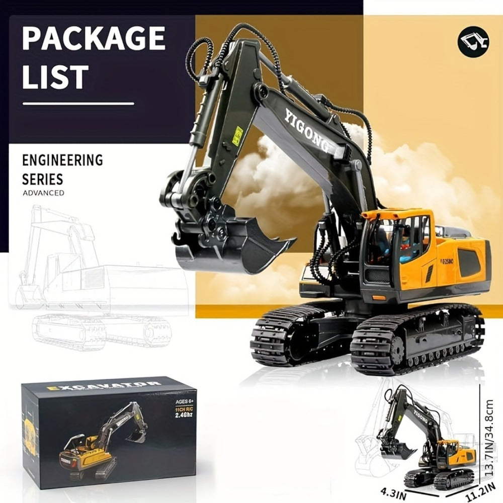 RC Excavator Toy 1:24 Scale 2.4GHz 9-Channel Remote Control with Alloy Metal Cap Lights & Sound Rechargeable Battery – Construction Truck for Boys Ages 6+ Birthday Christmas Gift Multiple Colors