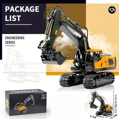 RC Excavator Toy 1:24 Scale 2.4GHz 9-Channel Remote Control with Alloy Metal Cap Lights & Sound Rechargeable Battery – Construction Truck for Boys Ages 6+ Birthday Christmas Gift Multiple Colors