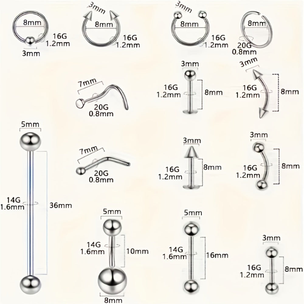 Piercing Kit Professional Stainless Steel Body Piercing Set with Needles Clamps & Tools — Complete DIY Home Piercing Supplies for Ear Nose Navel Lip Tongue Cartilage Septum