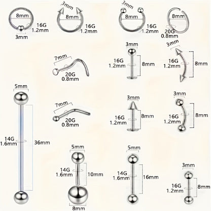 Piercing Kit Professional Stainless Steel Body Piercing Set with Needles Clamps & Tools — Complete DIY Home Piercing Supplies for Ear Nose Navel Lip Tongue Cartilage Septum