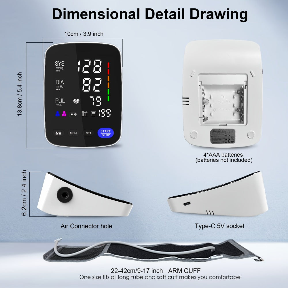 Upper Arm Blood Pressure Monitor – Automatic Digital BP Machine, Large LED Display, 2-User 198 Memory, Adjustable Cuff 8.7-17in, One-Touch, Type-C, Home Use