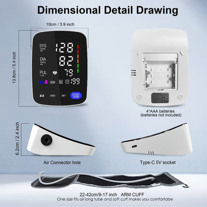 Upper Arm Blood Pressure Monitor – Automatic Digital BP Machine, Large LED Display, 2-User 198 Memory, Adjustable Cuff 8.7-17in, One-Touch, Type-C, Home Use