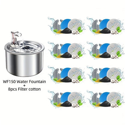 Stainless Steel Pet Water Fountain – USB Automatic Cat & Dog Water Dispenser with Transparent Window, 2-in-1 Design, Multiple Sizes & Replacement Filters