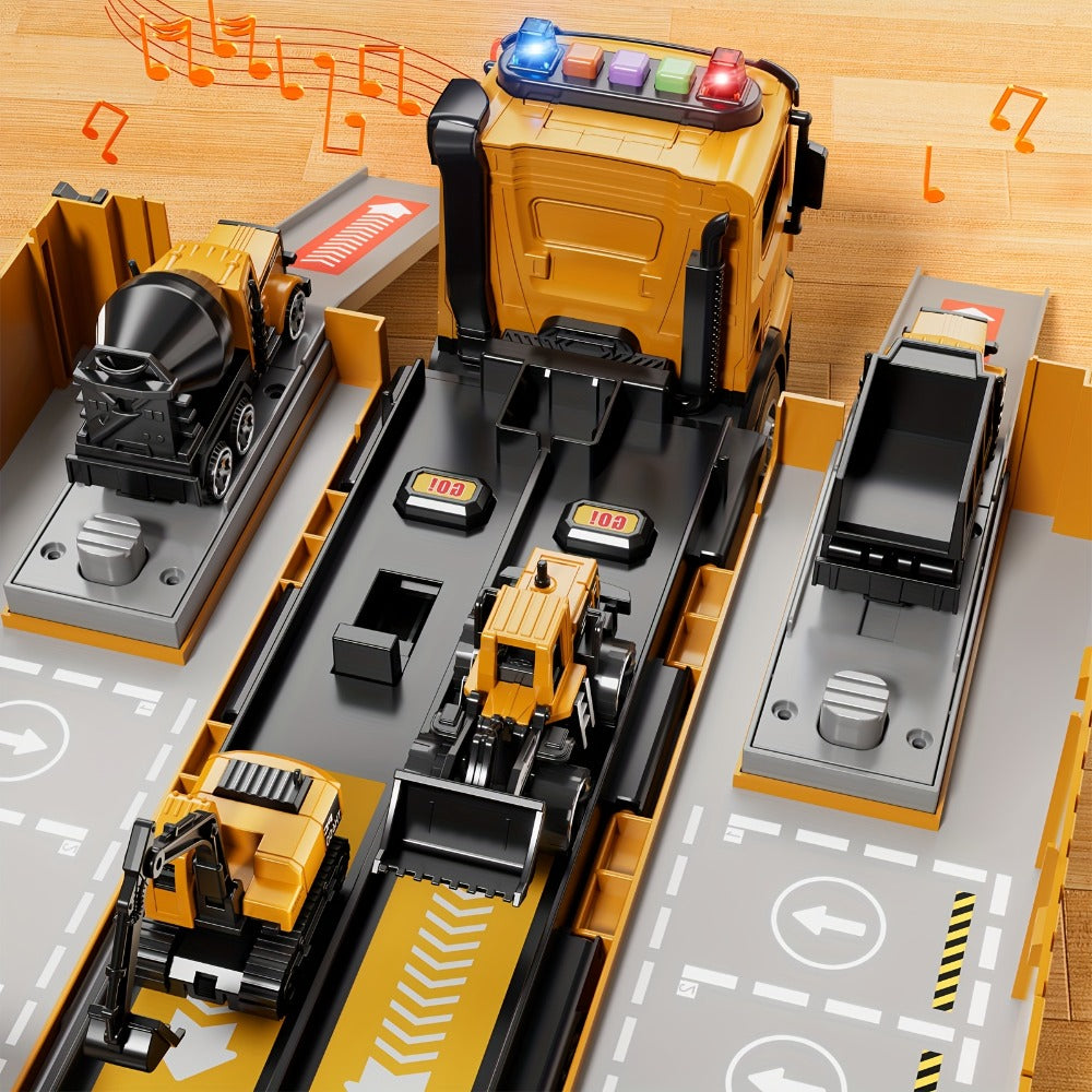 Construction Vehicle Container Truck Toy Set with Crane & Foldable Double Race Track | 4 Alloy Trucks, Realistic Sound & Lights | Kids Toy for Ages 3+