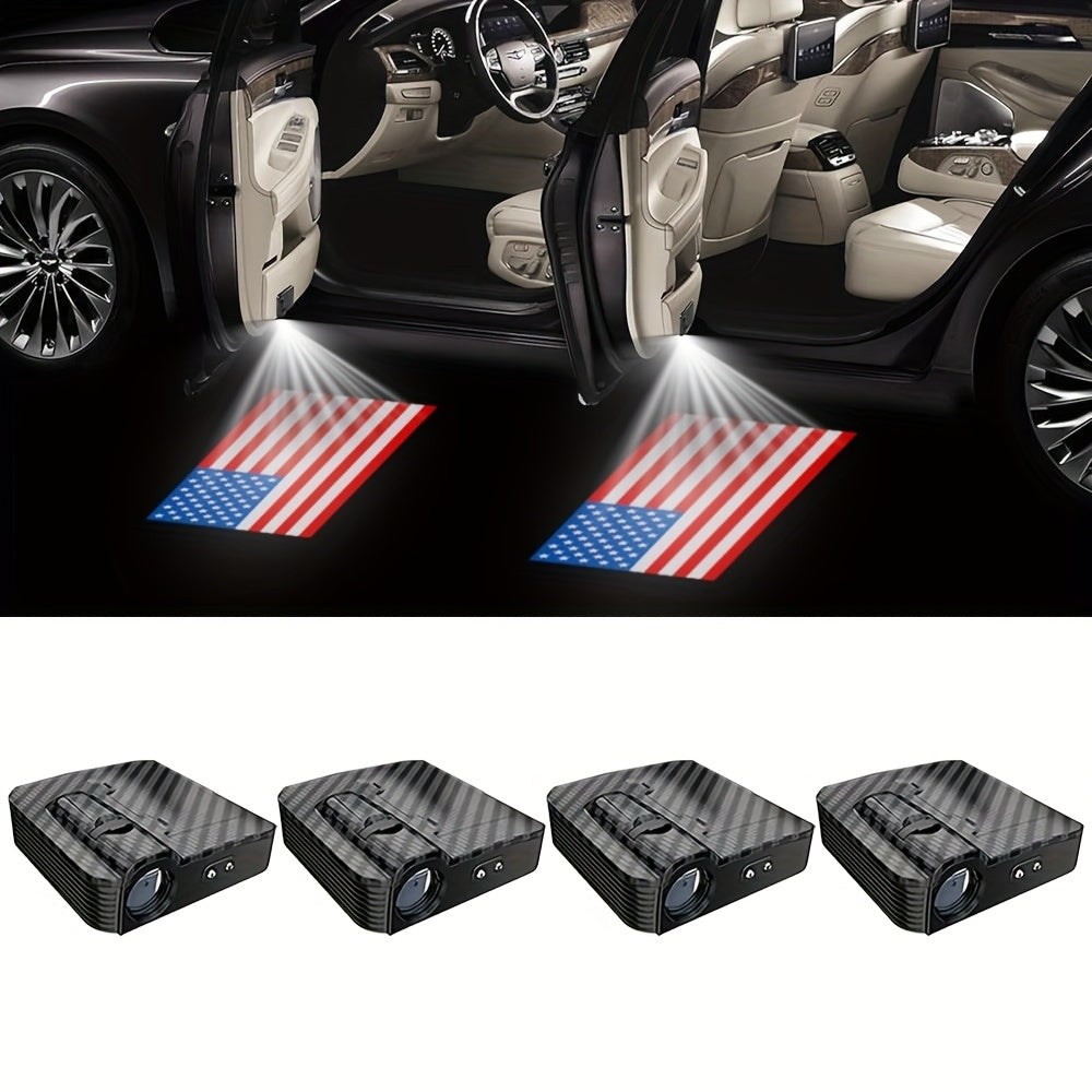 4pcs Door Lights - American Flag Logo Projector - Universal Wireless Door LED Projection Lights, Door Step LED Welcome Sign Shadow Light Projection Lights, Suitable for All Brands Of Cars LED American Flag Welcome Lights