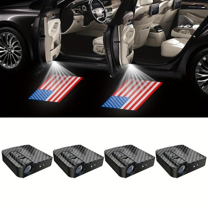4pcs Door Lights - American Flag Logo Projector - Universal Wireless Door LED Projection Lights, Door Step LED Welcome Sign Shadow Light Projection Lights, Suitable for All Brands Of Cars LED American Flag Welcome Lights