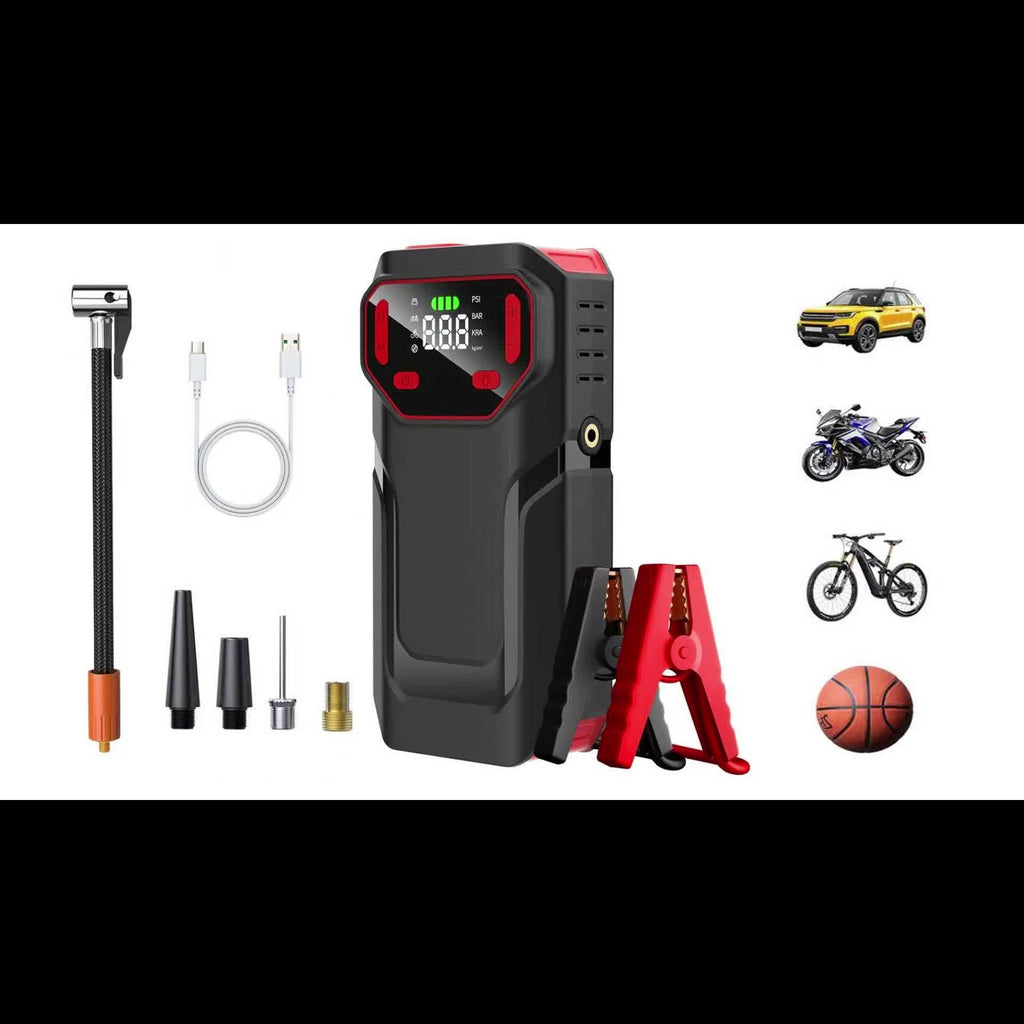 Kickstart Your Vehicle Using an Air Compressor with a Maximum Pressure of 150 PSI And a 12V Power Supply, Ideal for 8.5 Liters of Gasoline Or 1.72 Gallons of Diesel. It Features USB Input/Output And an LED Emergency Light