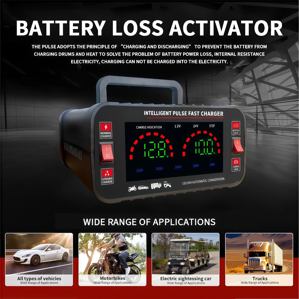 Car Battery Charger 12V/24V with LCD Display – Fast Charging Portable Maintainer for Cars, Trucks, RVs & Motorcycles, Overcharge Protection, Lead-Acid Compatible