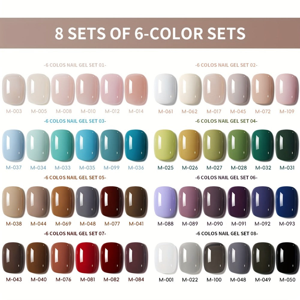 Solid Color Gel Nail Polish Set 6pcs Self-Leveling Soak-Off UV LED High Gloss Chip-Resistant – Popular Salon Shades for Daily Manicure, 8 Color Palettes Available, Nail Art Gift for Women