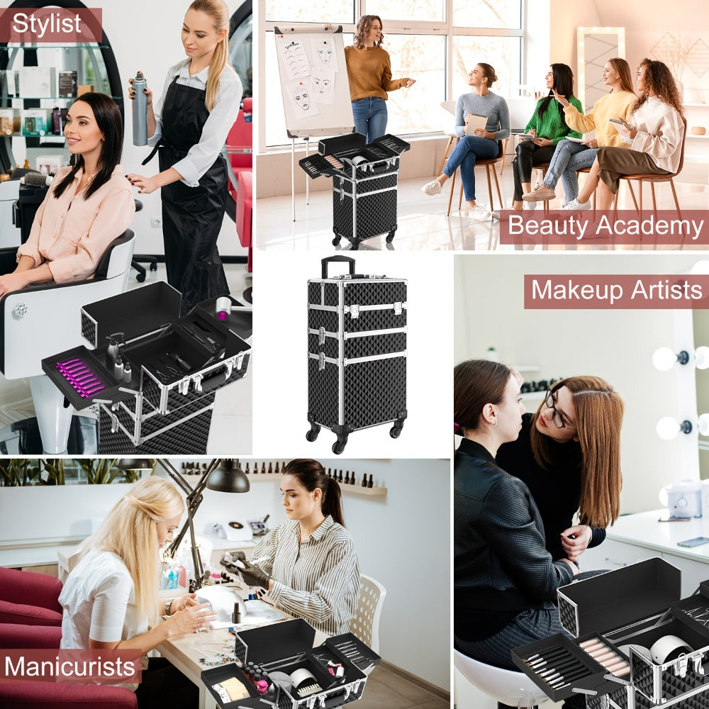 Rolling Makeup Train Case 3-in-1 Large Capacity Professional Cosmetic Trolley Swivel Wheels Lock Key Sponge Set Included Salon Barber Artist Travel Cart Trunk Black Pink