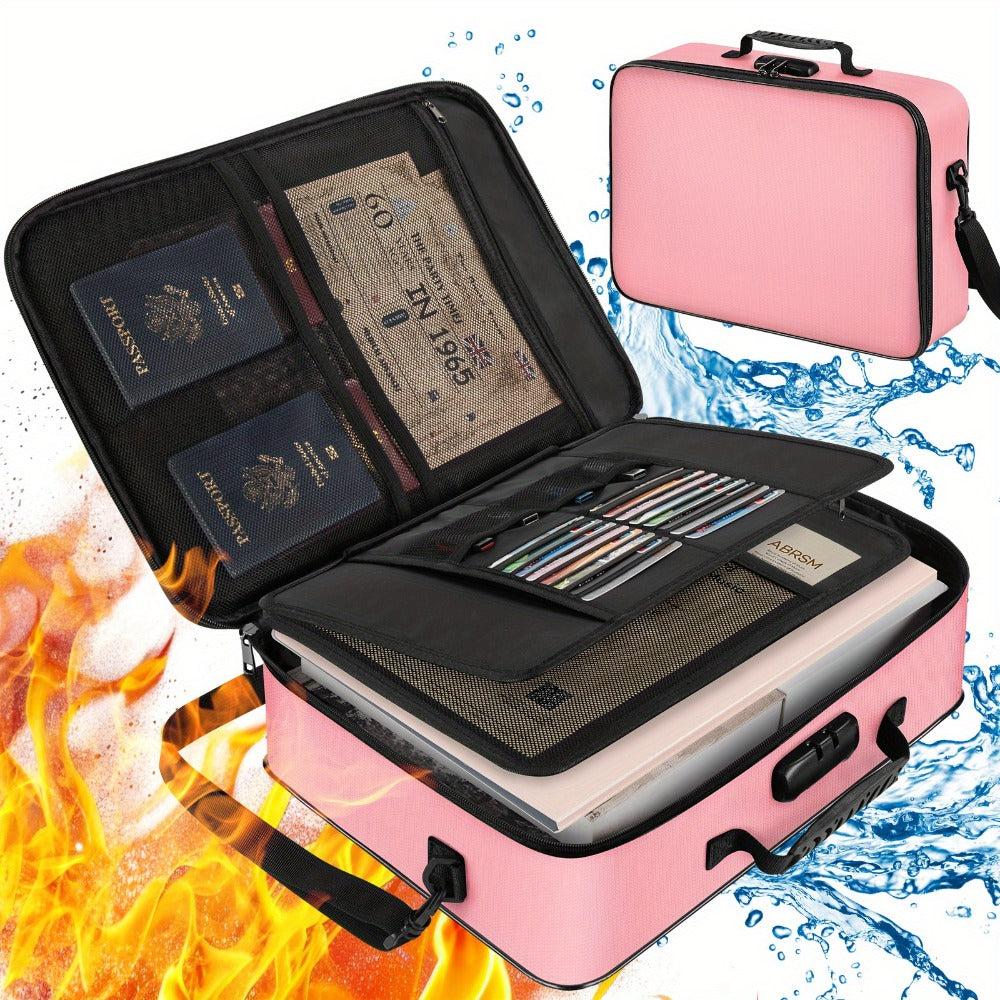 Fireproof Document Bag with Combination Lock - 17x11.8x5 Inch Waterproof File Organizer, 2000°F Fireproof, Multi-Layer Storage for Passport Cash Laptop, 3 Carry Methods, for Travel Home Office, Black/Pink/Blue