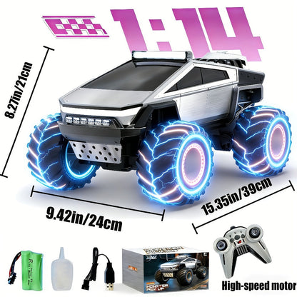 RC Monster Truck Toy 1:14 & 1:18 Scale 2.4GHz 4WD All-Terrain Off-Road Vehicle with LED Lights, Water Spray Effect, Realistic Engine Sound, Metal Body, Big Wheels – Kids Gift
