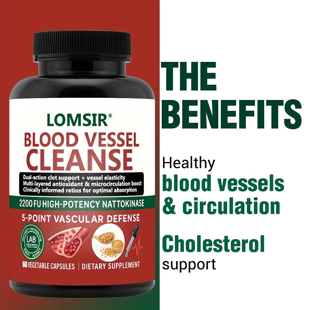 Blood Circulation Supplement Nattokinase with Gamma Oryzanol – Natural Enzyme Formula for Blood Vessel Cleanse, Circulatory System & Heart Health Support – Cardiovascular Wellness Daily Capsules – 60 Count