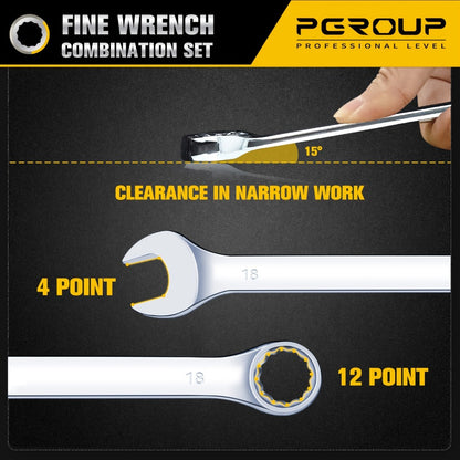 Combo Wrench Set SAE & Metric – CR-V Steel, Mirror Chrome Polished, Open & 12-Point Box Ends, Long & Short Reach, 14pc Metric (6-19mm) / 14pc SAE (1/4"-15/16") / 32pc Full Set