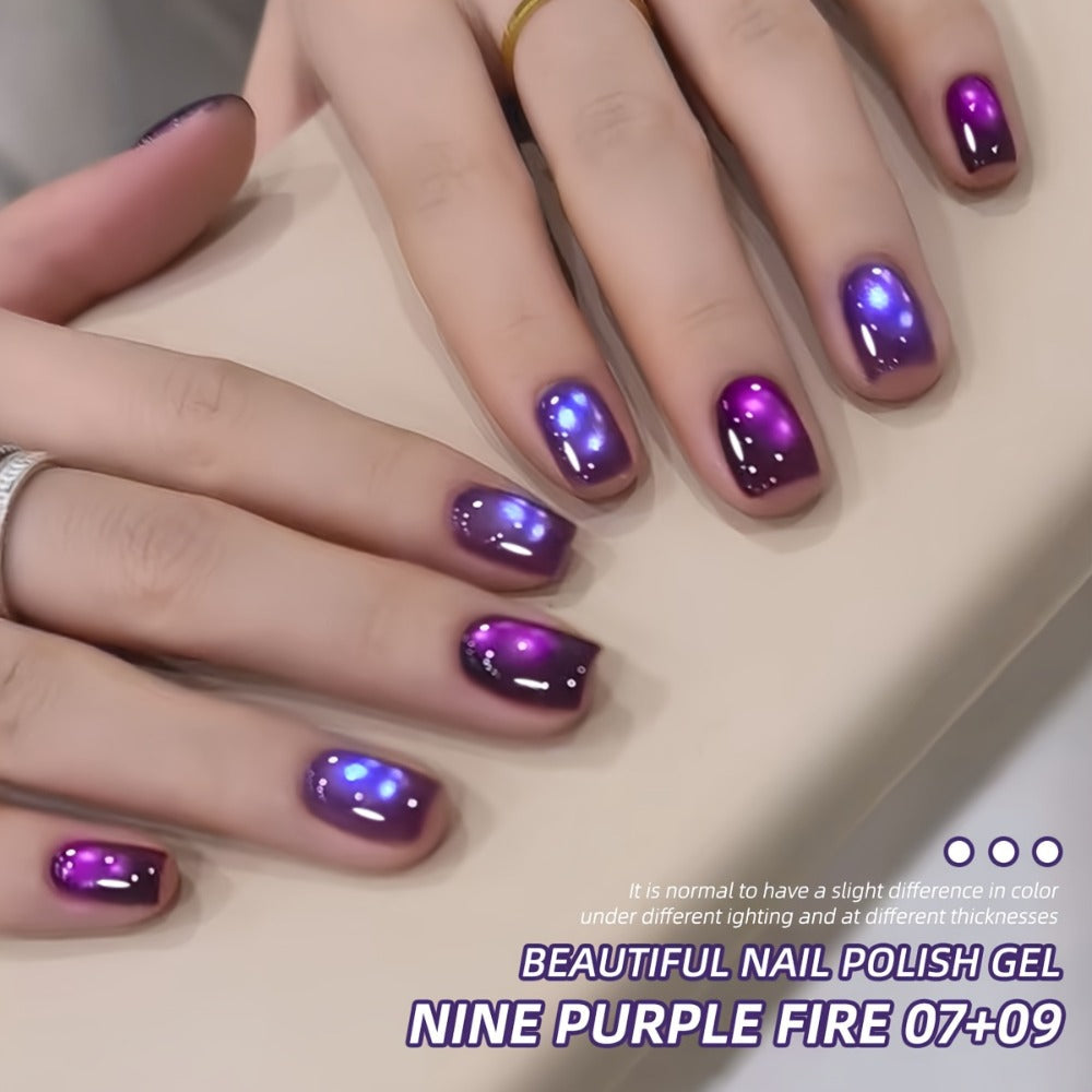 Cat Eye Gel Nail Polish Set 4pcs Purple Iridescent Glass Bead — Nine Purple Fire Aurora Shimmer UV LED Soak-Off Gel Polish for Women, Salon & Home DIY Nail Art Manicure Kit