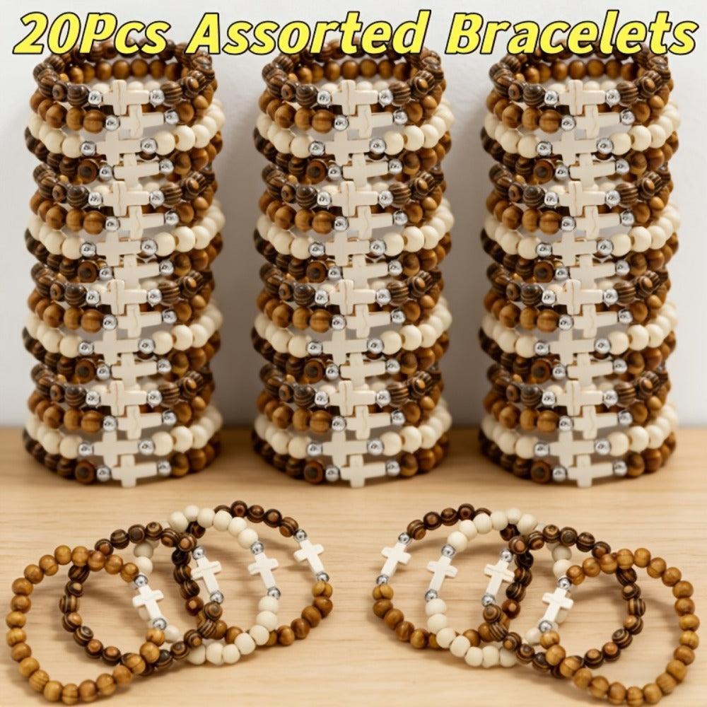 Cross Bracelets Bulk for Baptism Party Favors – 20/40PCS Vintage Ethnic Alloy Cross Pendant Woven Elastic Bracelets, Assorted Colors Christian Religious Jewelry Gifts for Kids Adults