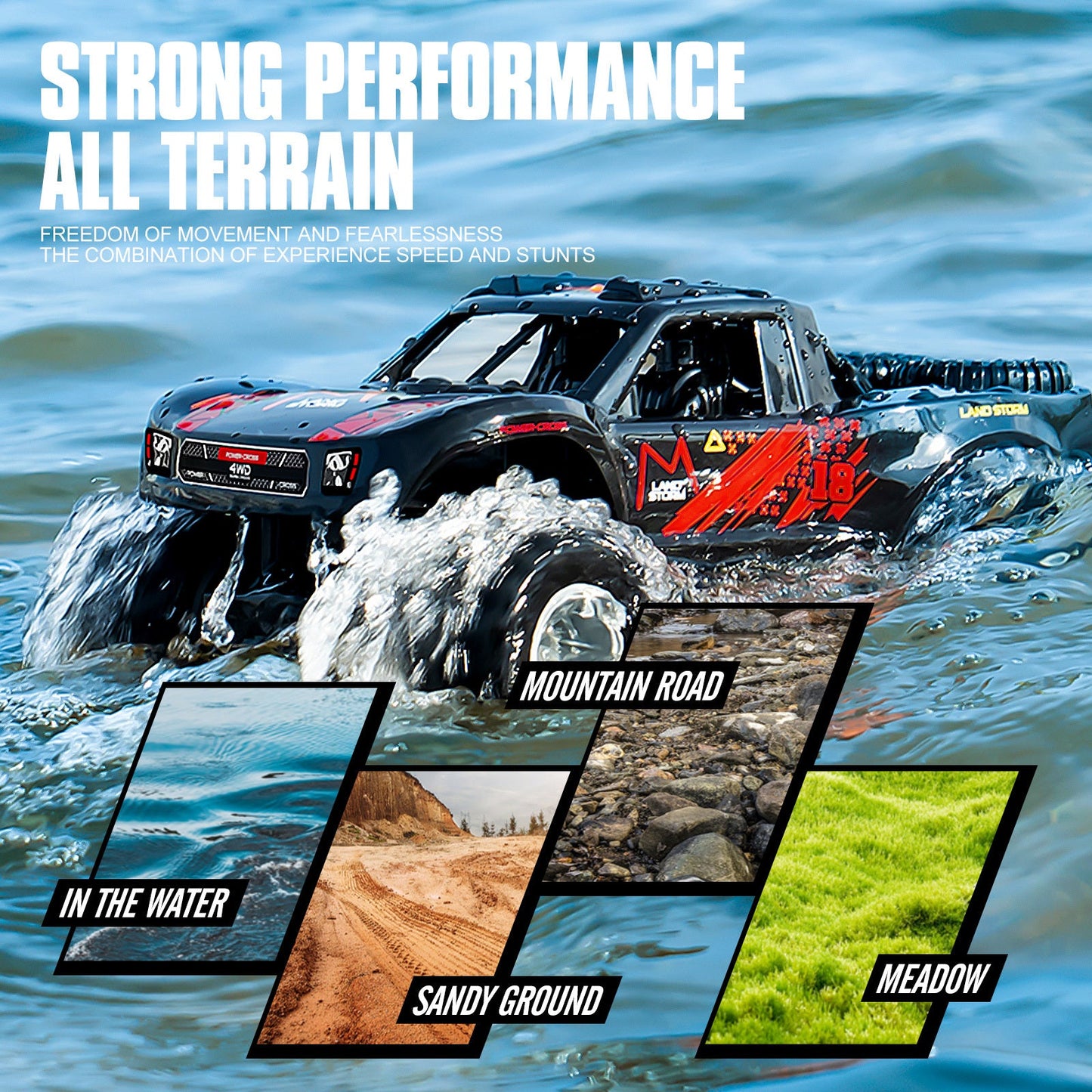 Amphibious RC Car 1:16 Scale 4WD Waterproof Land & Water Remote Control Monster Truck – 2 Rechargeable Batteries, All-Terrain RC Truck for Boys Kids Ages 4+, Birthday Christmas Gift