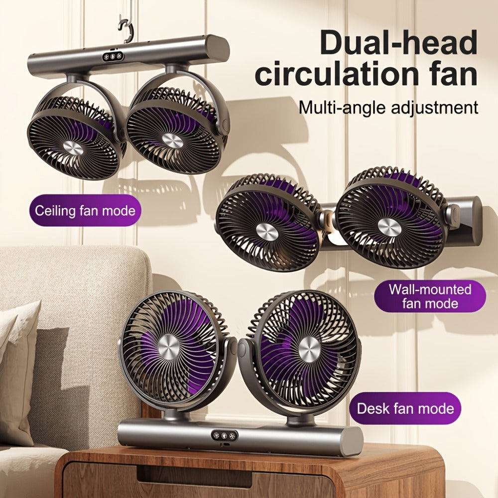 Double Head Air Circulation Fan USB Rechargeable | Desktop & Wall-Mounted 3-Speed Dual-Head Fan with Atmosphere Night Light, Multi-Angle Airflow for Camping, Home & Office – Grey & White