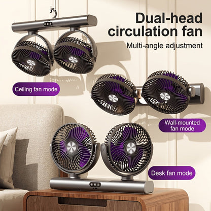 Double Head Air Circulation Fan USB Rechargeable | Desktop & Wall-Mounted 3-Speed Dual-Head Fan with Atmosphere Night Light, Multi-Angle Airflow for Camping, Home & Office – Grey & White