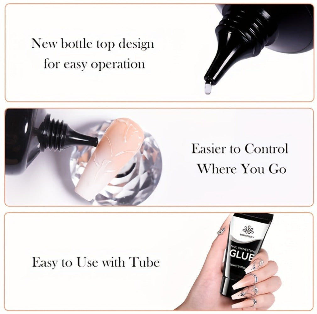 Rhinestone Glue Gel 2pcs Strong Bond 1.01oz Each – Professional Nail Charm Adhesive for 3D Gems, Crystals & Bling Decorations, Long-Lasting Water-Resistant Clear Gel Formula for DIY & Salon Nail Art