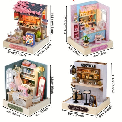 DIY Miniature Shop Dollhouse Kit with Dust Cover – Wooden Mini Store Assembly Set, 4 Themes Sakura Noodles Candy Atelier Coffee, Creative Home Decor Display Gift for Adults & Teens Birthday Christmas