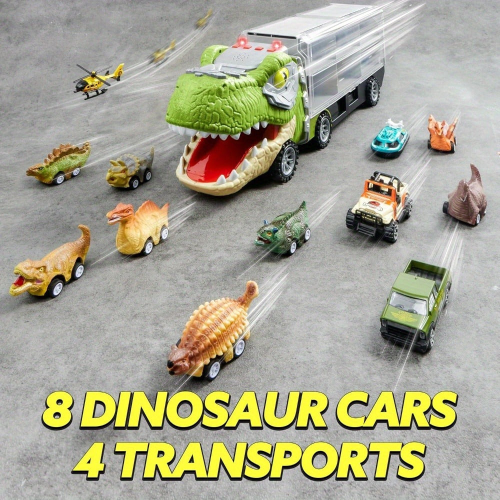 Dinosaur Truck Toy Set 13 PCS – Transport Carrier Truck with Lights & Sounds + 8 Pull-Back Cars + 3 Die-Cast Dino Vehicles + Helicopter | Friction Powered Dinosaur Toy for Boys Ages 3+ | Best Birthday Christmas Gift