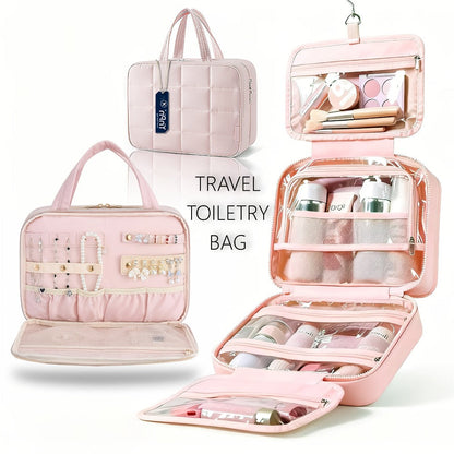 Hanging Travel Toiletry Bag Large Capacity for Full-Size Products Waterproof Cosmetic Organizer with Hook — Bathroom Makeup Travel Bag for Women Pink Beige Black