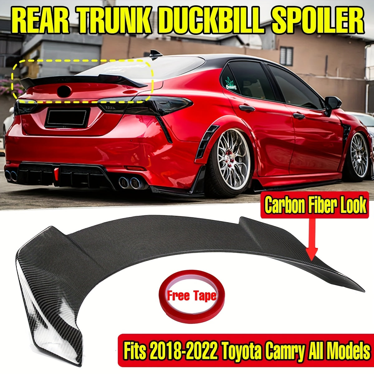 Rear Trunk Duckbill Spoiler for 2018-2022 for TOYOTA Camry All Models SE XSE XLE LE 4-Door, High Kick V-Style Trunk Lid Spoiler Wing, Gloss Black/ Carbon Pattern, 1pc