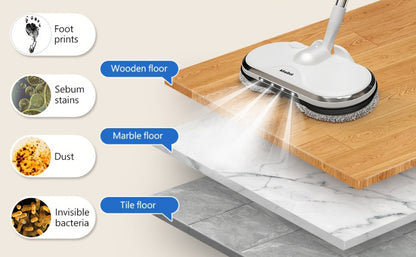 Cordless Electric Spin Mop Floor Cleaner with LED Headlight & Water Spray Tank – Powerful Wireless Spinning Mop for Hardwood & Tile Floors, Quiet Motor, Self-Cleaning & Waxing Function (White)