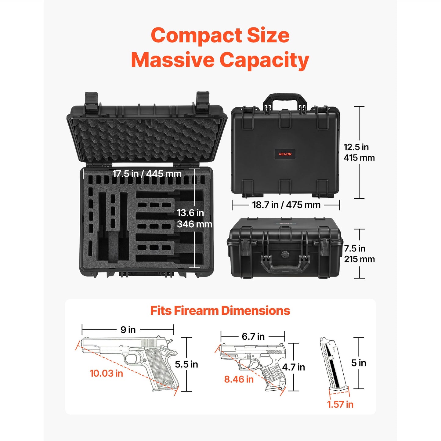 Hard Gun Case with Modular XPE Foam Interior – Heavy Duty Pistol Storage Box with Metal Hinges, 4 Lock Holes & Pressure Valve, Fits Glock & 6 Magazines, 18.7x12.5x7.5 in