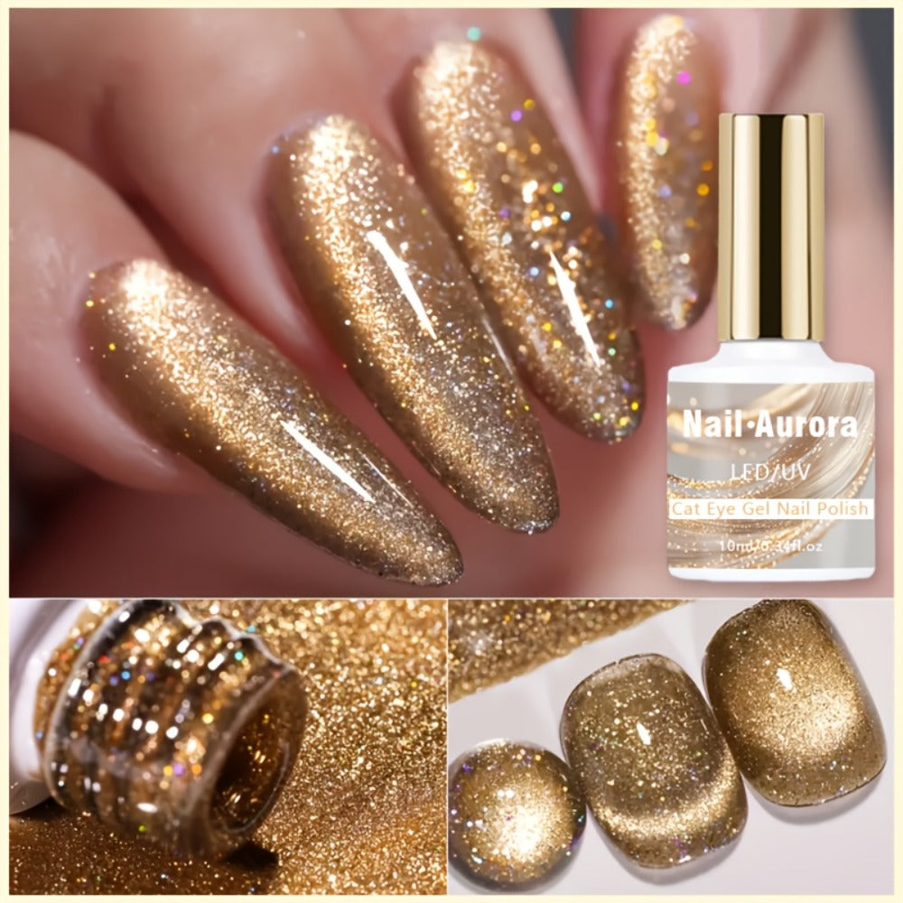 Cat Eye Gel Polish Shooting Star Golden Glitter – Ultra-Bright Vivid Dazzling Light-Shifting Effect, Salon-Grade LED/UV Soak-Off High-Gloss Nail Art Gel for Women Home & Salon Manicure