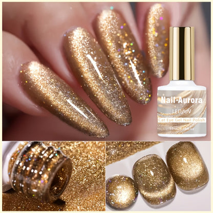 Cat Eye Gel Polish Shooting Star Golden Glitter – Ultra-Bright Vivid Dazzling Light-Shifting Effect, Salon-Grade LED/UV Soak-Off High-Gloss Nail Art Gel for Women Home & Salon Manicure