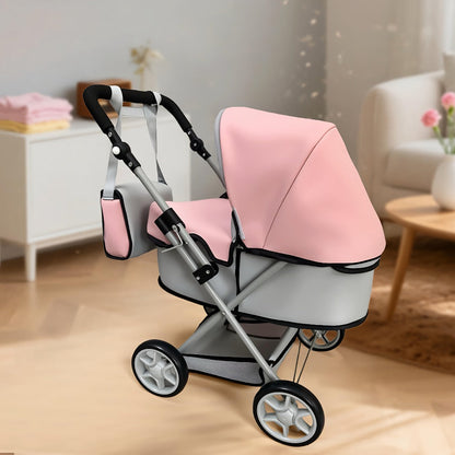 Foldable Doll Stroller with Adjustable Handle 39-68cm – Grey & Pink Baby Doll Pram for 16-20 Inch Dolls, Storage Basket & Shoulder Bag Included, Ergonomic Role-Play Gift for Girls Ages 3+