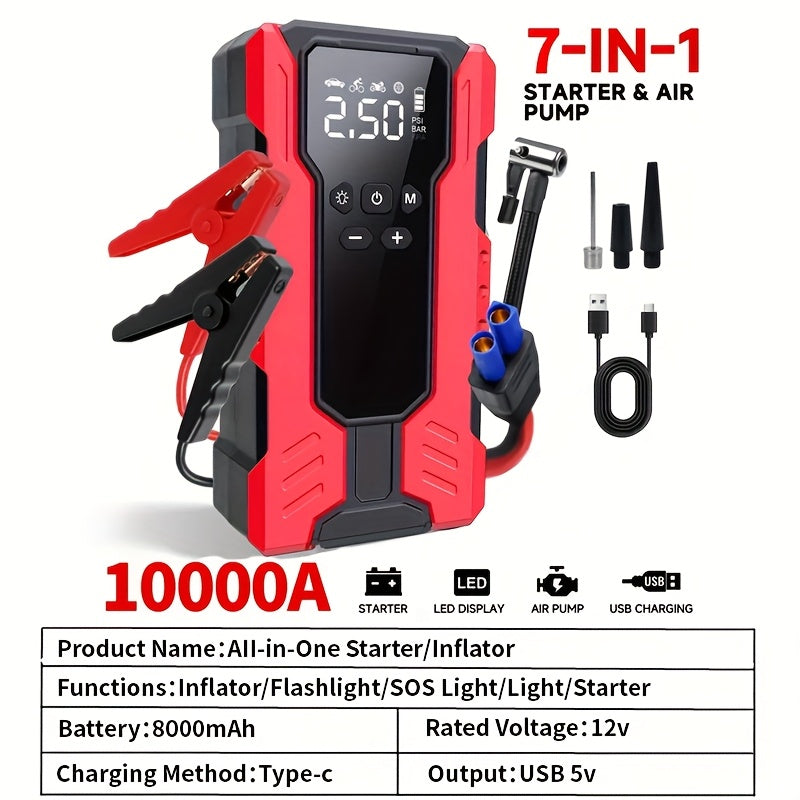10000A 7-in-1 Multi-functional Emergency Start Power Supply with Air Pump, 150PSL Portable Car Battery Starter, Digital Tire Inflator, Suitable for 2.64 Gallon Gasoline Or 2.38 Gallon Diesel Battery, LED Emergency Light, Car Emergency Tool.