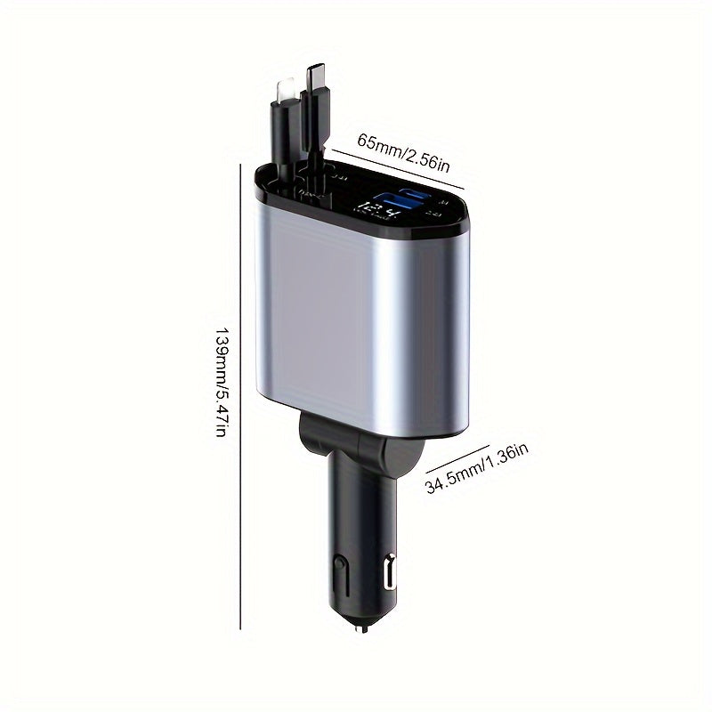 Retractable Car Charger 4in 1 Fast Car Phone Charger, Type C/IOS Car Charger Adapter with 2X Retractable Phone Charger Cables And 2X USB Ports for iPhone 15/14/13/12 Max, Samsung S24/S23, Google Smartphon