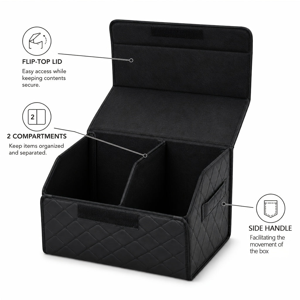 Faux Leather Car Trunk Organizer with Lid, Keep Your Trunk Tidy, Foldable Large Capacity Cargo Storage Box for Groceries, Tools, Sports Gear, Travel Essentials, Suvs, Sedans, And Trucks