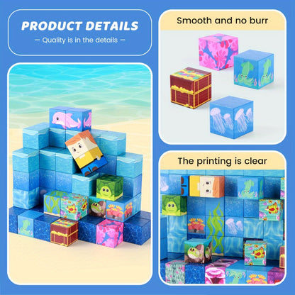 Ocean Adventure Magnetic Building Blocks 54/100pcs – STEM 3D Sea Theme Magnet Tiles Set Vibrant Colors Imagination Hand-Eye Coordination Toy for Kids Ages 3+, Best Birthday Christmas Gift
